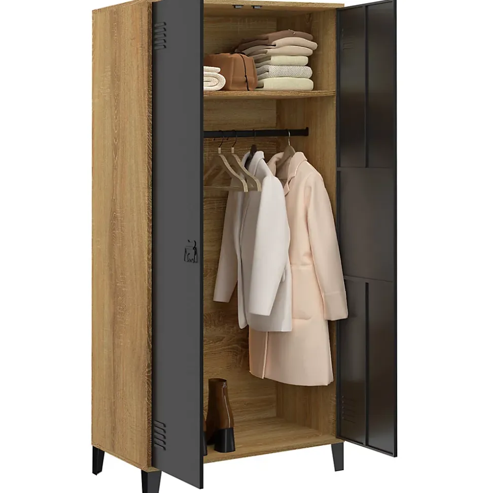 Armoire vestiaire penderie ESTER 2 portes métal noir et contour bois design industriel