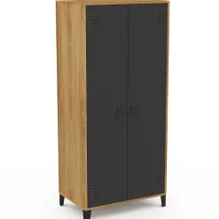 Armoire vestiaire penderie ESTER 2 portes métal noir et contour bois design industriel