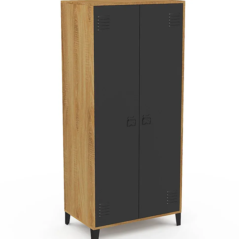 Armoire vestiaire penderie ESTER 2 portes métal noir et contour bois design industriel