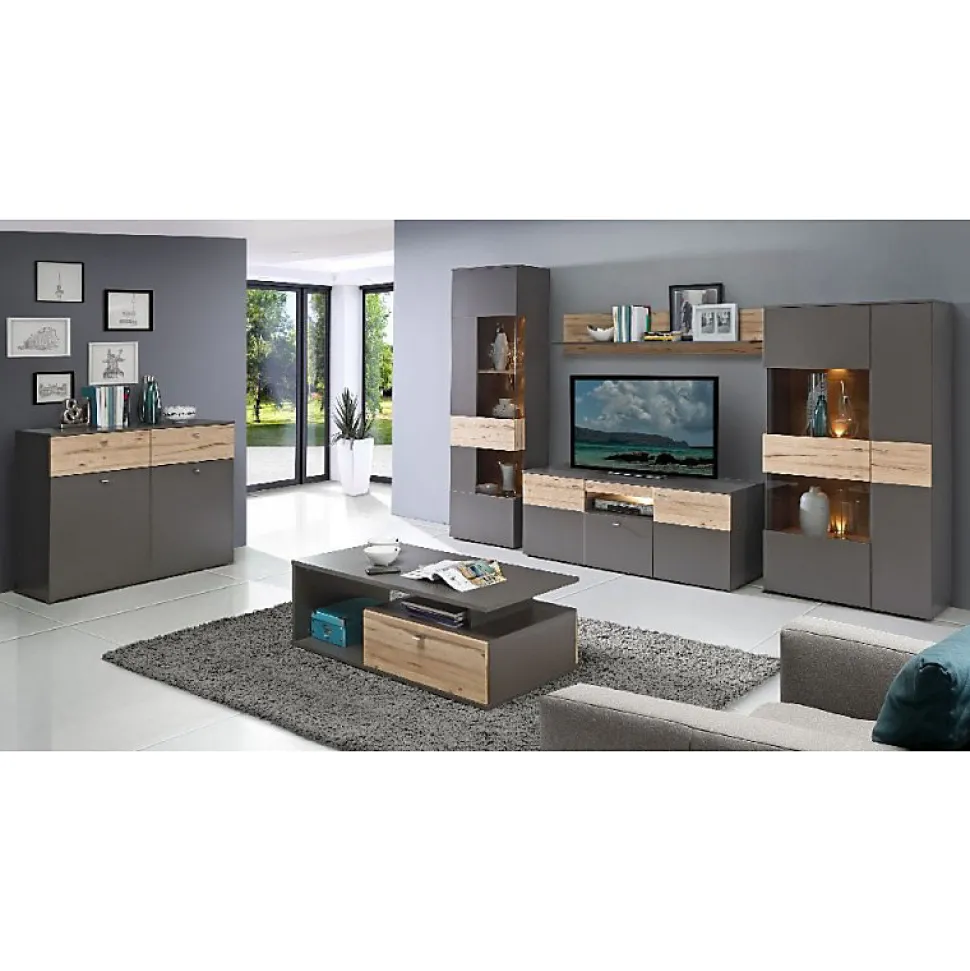 Armoire vitrée 2 portes ouverture gauche décor bois et gris - MARBELLA