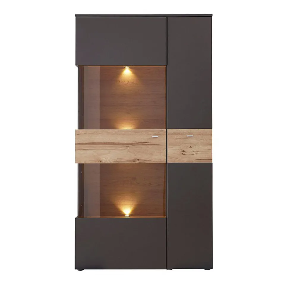 Armoire vitrée 2 portes ouverture gauche décor bois et gris - MARBELLA