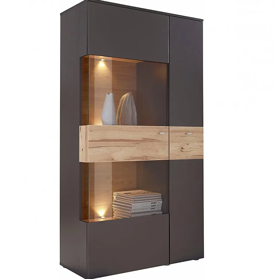 Armoire vitrée 2 portes ouverture gauche décor bois et gris - MARBELLA