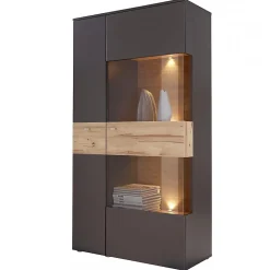 Armoire vitrée 2 portes ouverture droite décor bois et gris - MARBELLA