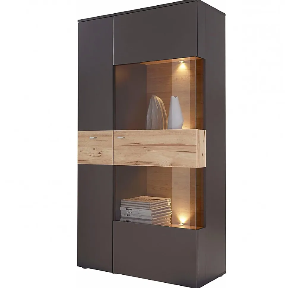 Armoire vitrée 2 portes ouverture droite décor bois et gris - MARBELLA
