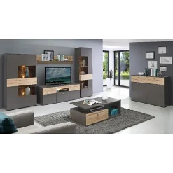 Armoire vitrée 2 portes ouverture droite décor bois et gris - MARBELLA