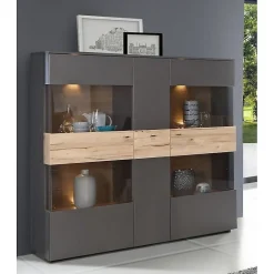 Armoire vitrine 150 cm 3 portes décor bois clair et gris - MARBELLA