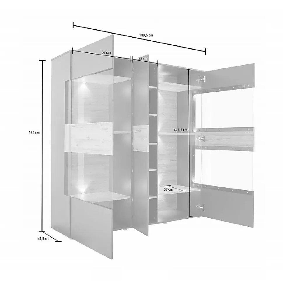 Armoire vitrine 150 cm 3 portes décor bois clair et gris - MARBELLA