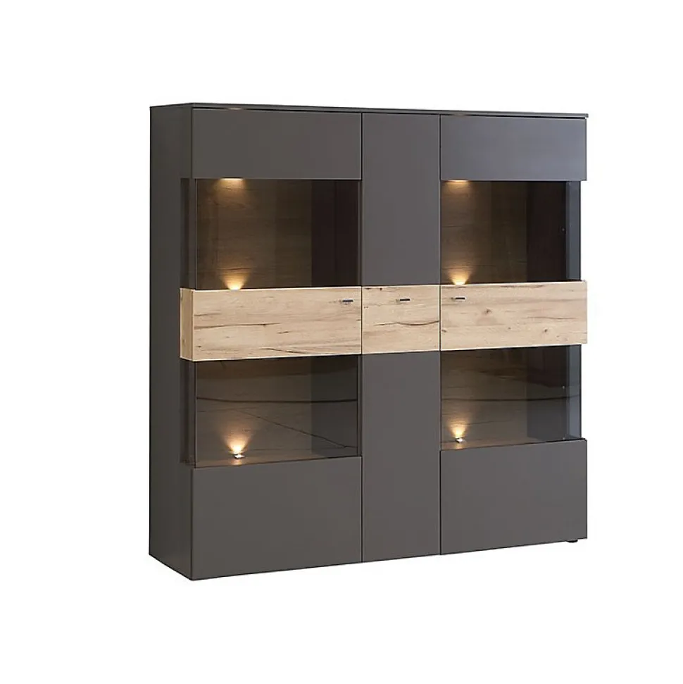 Armoire vitrine 150 cm 3 portes décor bois clair et gris - MARBELLA