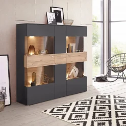 Armoire vitrine 150 cm 3 portes décor bois clair et gris - MARBELLA