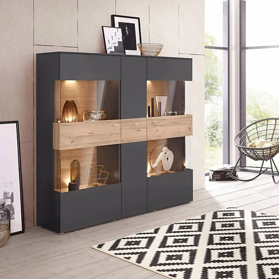 Armoire vitrine 150 cm 3 portes décor bois clair et gris - MARBELLA