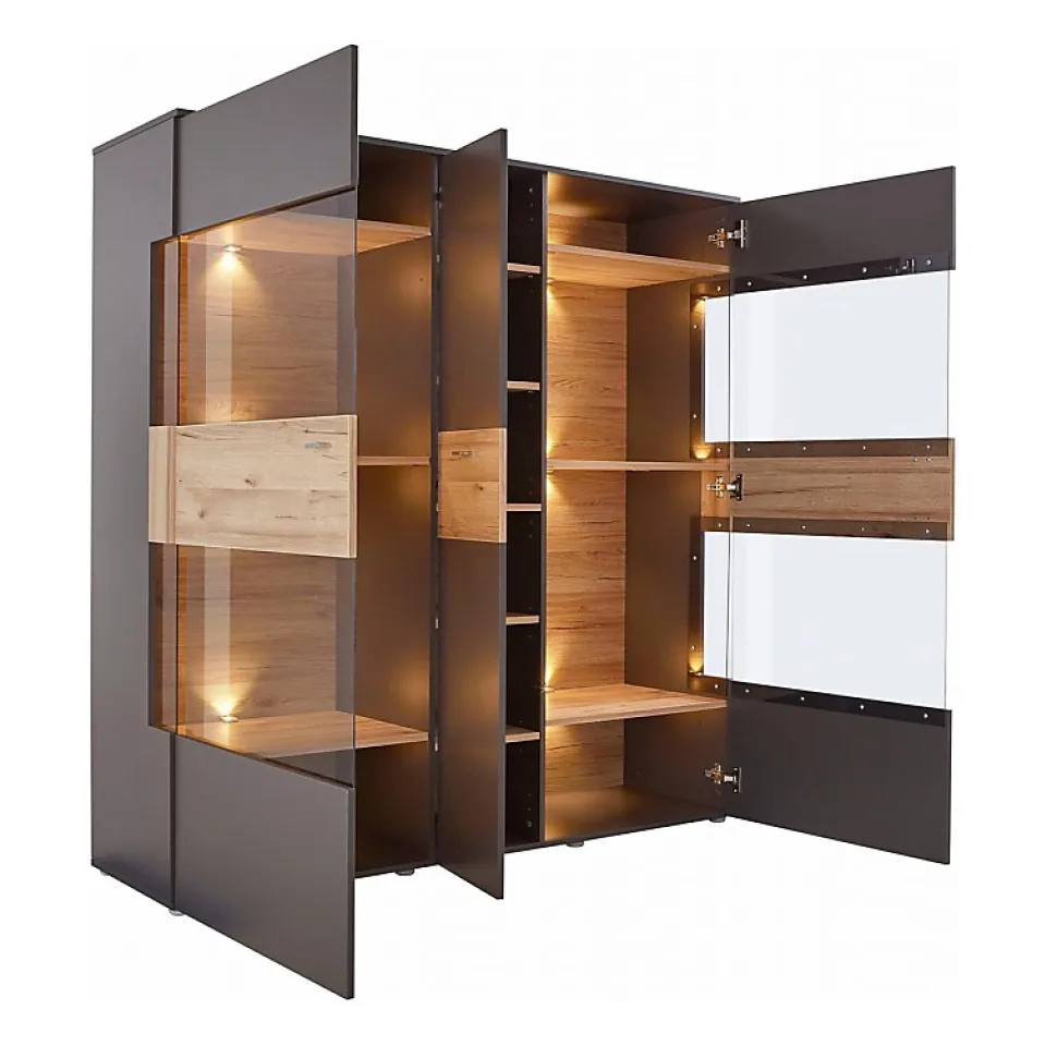 Armoire vitrine 150 cm 3 portes décor bois clair et gris - MARBELLA