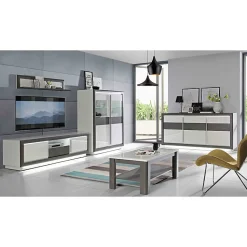 Armoire vitrine 2 portes blanc laqué décor gris béton et LED - CALVI