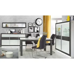 Armoire vitrine 2 portes blanc laqué décor gris béton et LED - CALVI