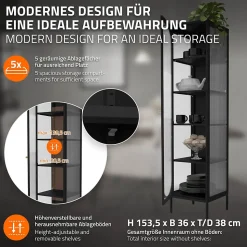 Armoire vitrine 42x175x40 cm, noir, vitrine étroite avec 5 étagères et 1 porte