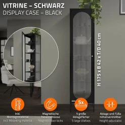Armoire vitrine 42x175x40 cm, noir, vitrine étroite avec 5 étagères et 1 porte