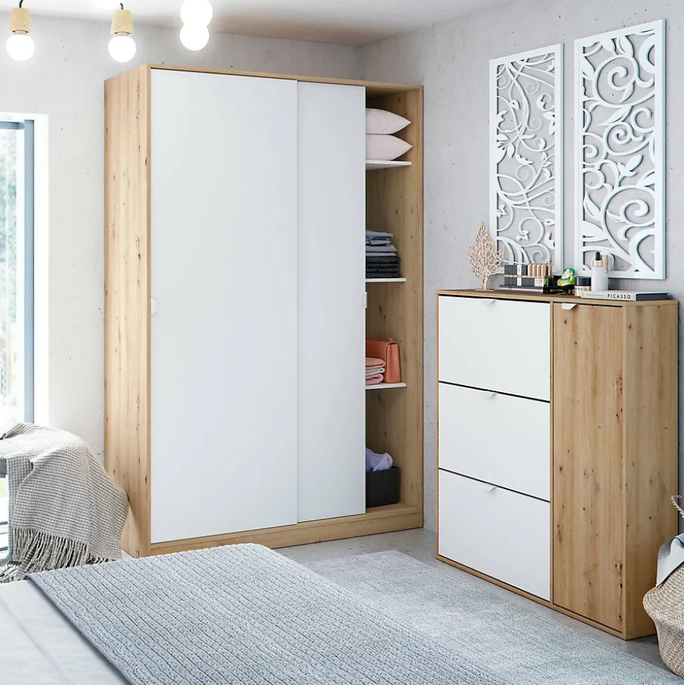 Armoire Waterbury, Armoire de chambre avec 2 portes, Armoire avec 3 Etageres et tringle à vêtements, 120x50h200 cm, Blanc et Chêne