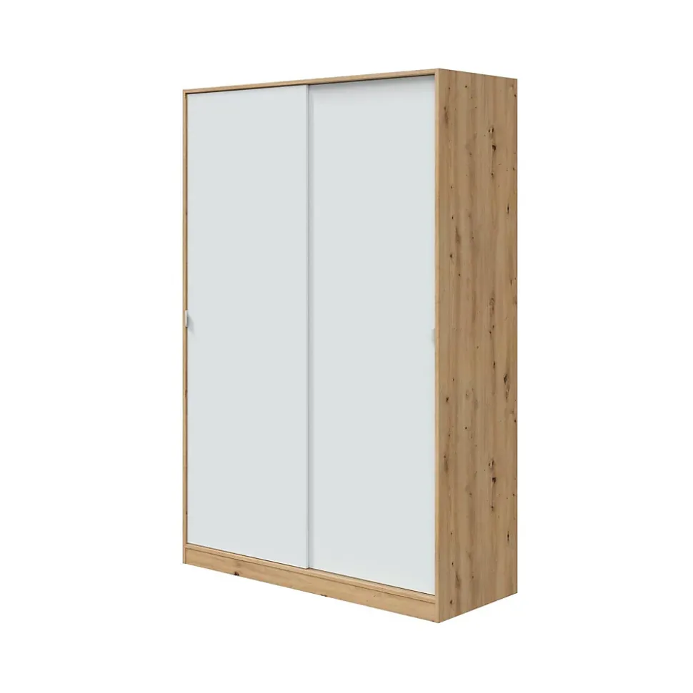 Armoire Waterbury, Armoire de chambre avec 2 portes, Armoire avec 3 Etageres et tringle à vêtements, 120x50h200 cm, Blanc et Chêne