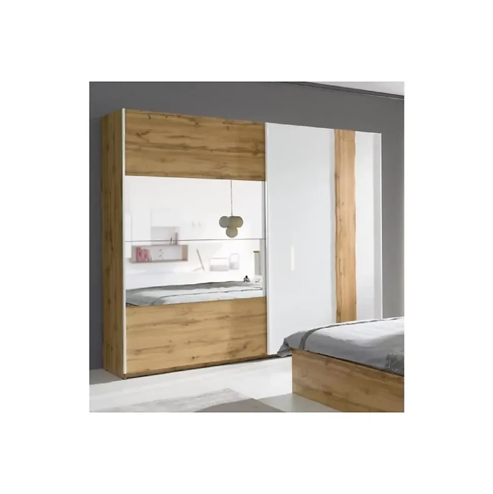 Armoire Wood 2 portes coulissantes avec miroir, coloris chene et blanc