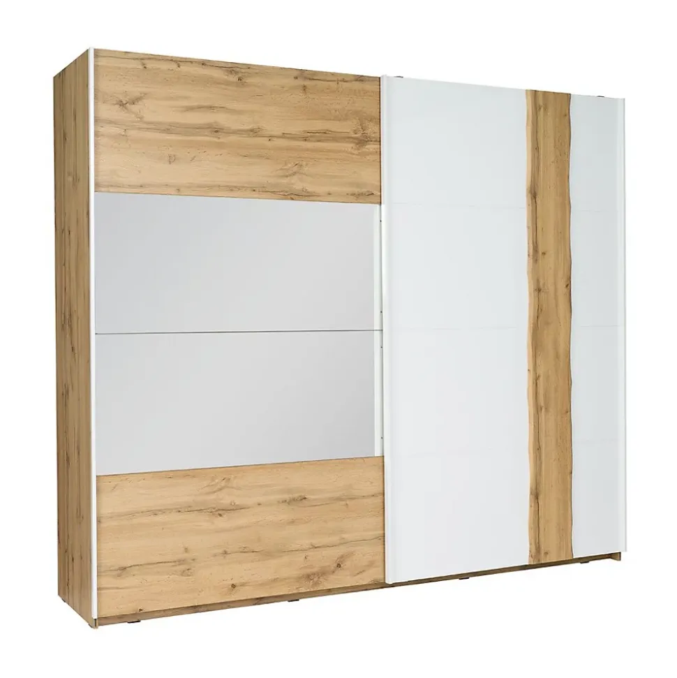 Armoire Wood 2 portes coulissantes avec miroir, coloris chene et blanc