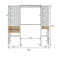 Armoire Worland, Meubles de chambre à coucher, Armoire à vêtements avec Etageres et 3 tiroirs, 196x40h187 cm, Blanc et Chêne