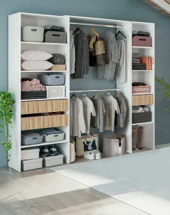 Armoire Worland, Meubles de chambre à coucher, Armoire à vêtements avec Etageres et 3 tiroirs, 196x40h187 cm, Blanc et Chêne