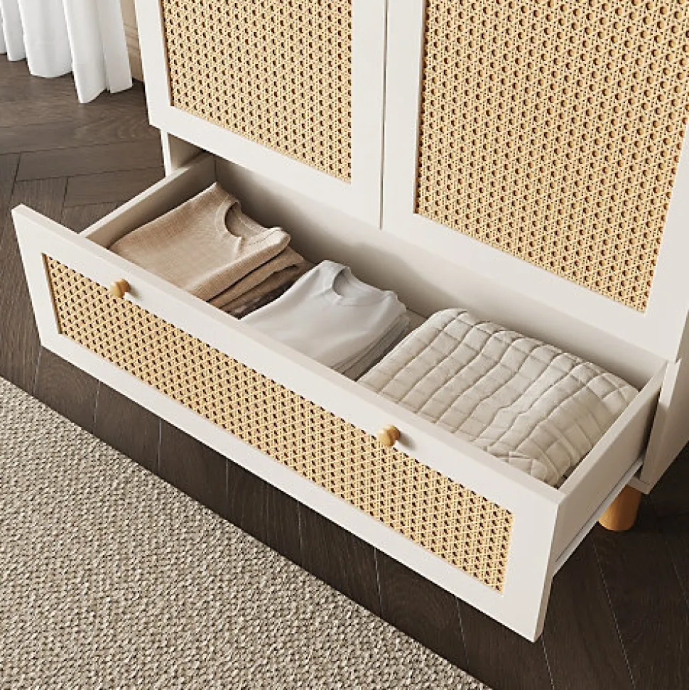 Armoire 85.5x52x180.5cm - Étagères et tringles à vêtements réglables - 2 portes en rotin et 1 tiroir - Blanc + Naturel