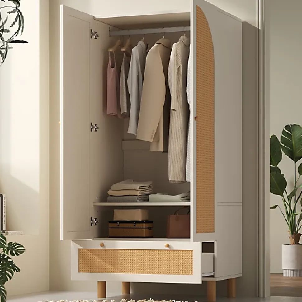 Armoire 85.5x52x180.5cm - Étagères et tringles à vêtements réglables - 2 portes en rotin et 1 tiroir - Blanc + Naturel