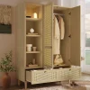 Armoire 120x50x180cm - Étagères ouvertes et tringles à vêtements - 2 portes et 2 tiroirs en rotin - style campagnard - Naturel