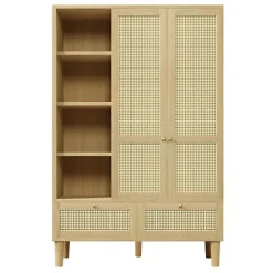 Armoire 120x50x180cm - Étagères ouvertes et tringles à vêtements - 2 portes et 2 tiroirs en rotin - style campagnard - Naturel