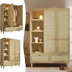 Armoire 120x50x180cm - Étagères ouvertes et tringles à vêtements - 2 portes et 2 tiroirs en rotin - style campagnard - Naturel