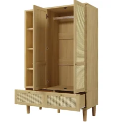 Armoire 120x50x180cm - Étagères ouvertes et tringles à vêtements - 2 portes et 2 tiroirs en rotin - style campagnard - Naturel