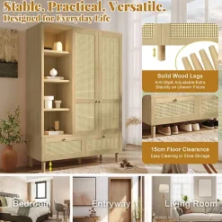 Armoire 120x50x180cm - Étagères ouvertes et tringles à vêtements - 2 portes et 2 tiroirs en rotin - style campagnard - Naturel
