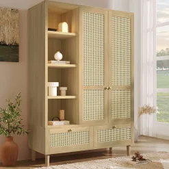 Armoire 120x50x180cm - Étagères ouvertes et tringles à vêtements - 2 portes et 2 tiroirs en rotin - style campagnard - Naturel