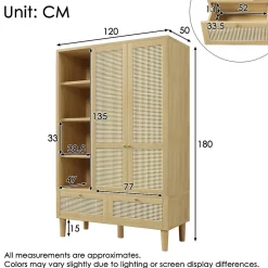 Armoire 120x50x180cm - Étagères ouvertes et tringles à vêtements - 2 portes et 2 tiroirs en rotin - style campagnard - Naturel