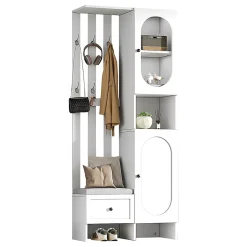 Armoires compactes d'entrée,85x33,5x200cm,blanc, avec 2 armoires, verre trempé, banc à chaussures rembourré