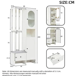 Armoires compactes d'entrée,85x33,5x200cm,blanc, avec 2 armoires, verre trempé, banc à chaussures rembourré
