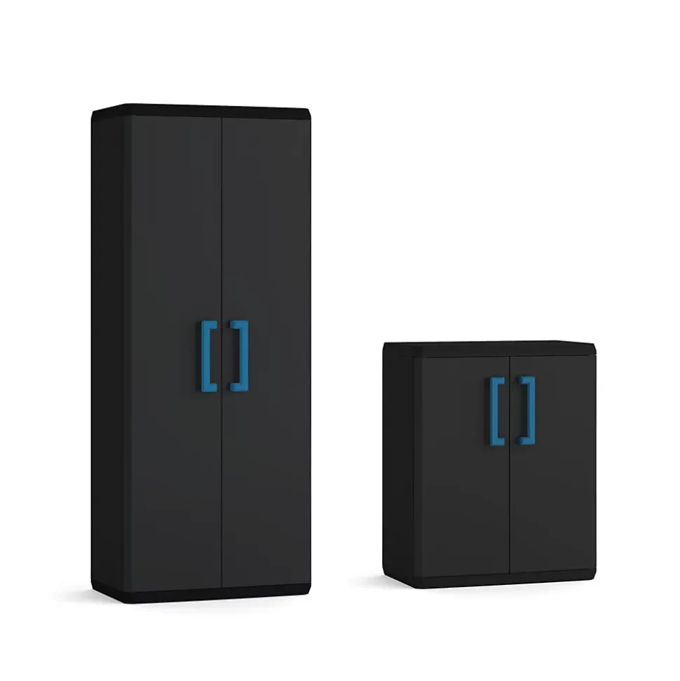 Armoires Keter Quadra noir et bleu haute l.68 x H.166 x P.39 cm + basse l.68 x H.83 x P.39 cm