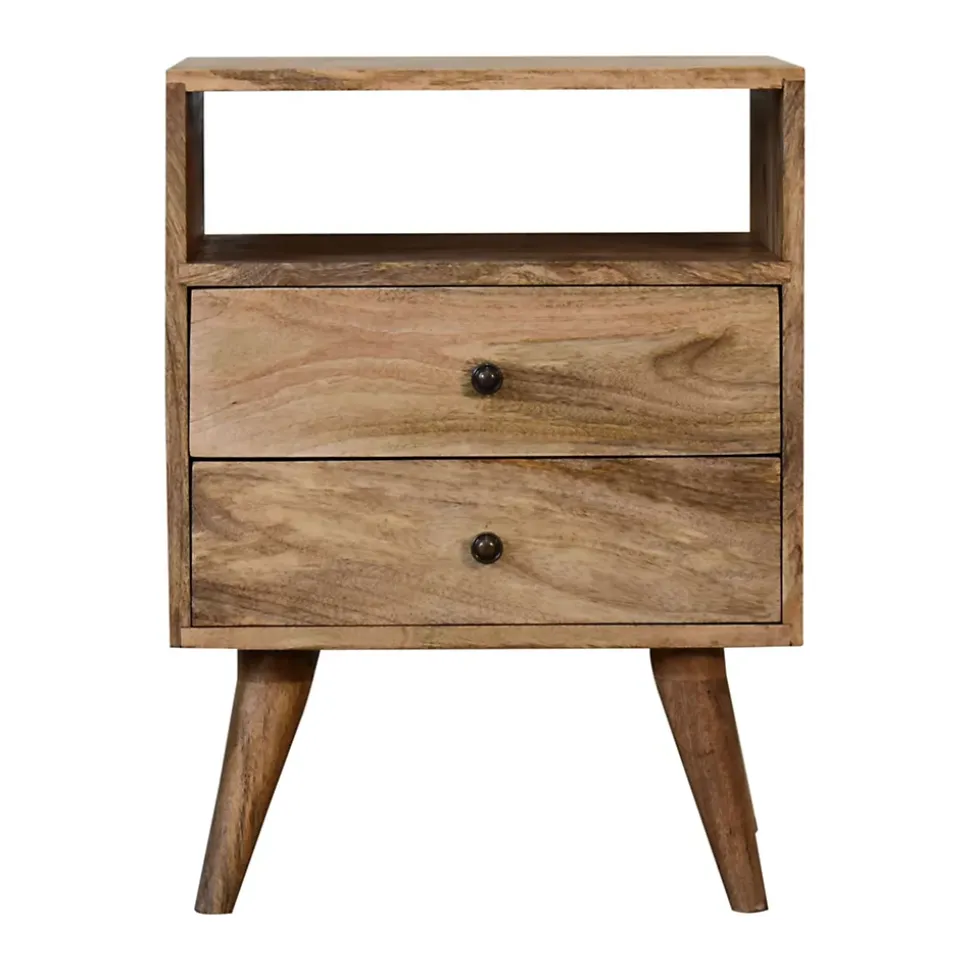 Artisan Furniture Bois massif Classic effet chêne table de chevet, 2 tiroirs, 1 niche ouverte, marron