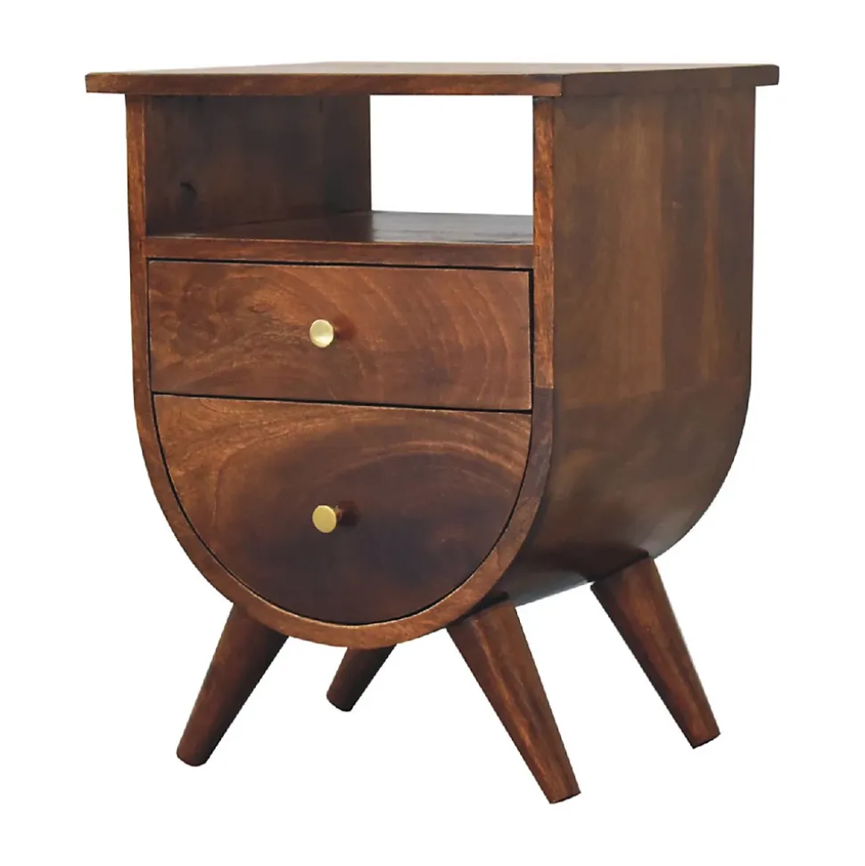 Artisan Furniture Bois massif Split châtaignier table de chevet, 2 tiroirs, 1 étagère, marron foncé
