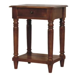 Artisan Furniture Bois massif pieds tournés châtaignier 1 tiroir table d'appoint, 1 étagère, marron