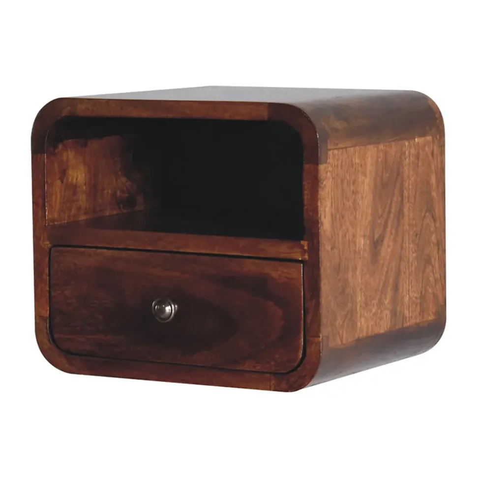 Artisan Furniture Bois massif Extra Mini courbé châtaignier table de chevet à fixation murale, 1 tiroir et niche ouverte