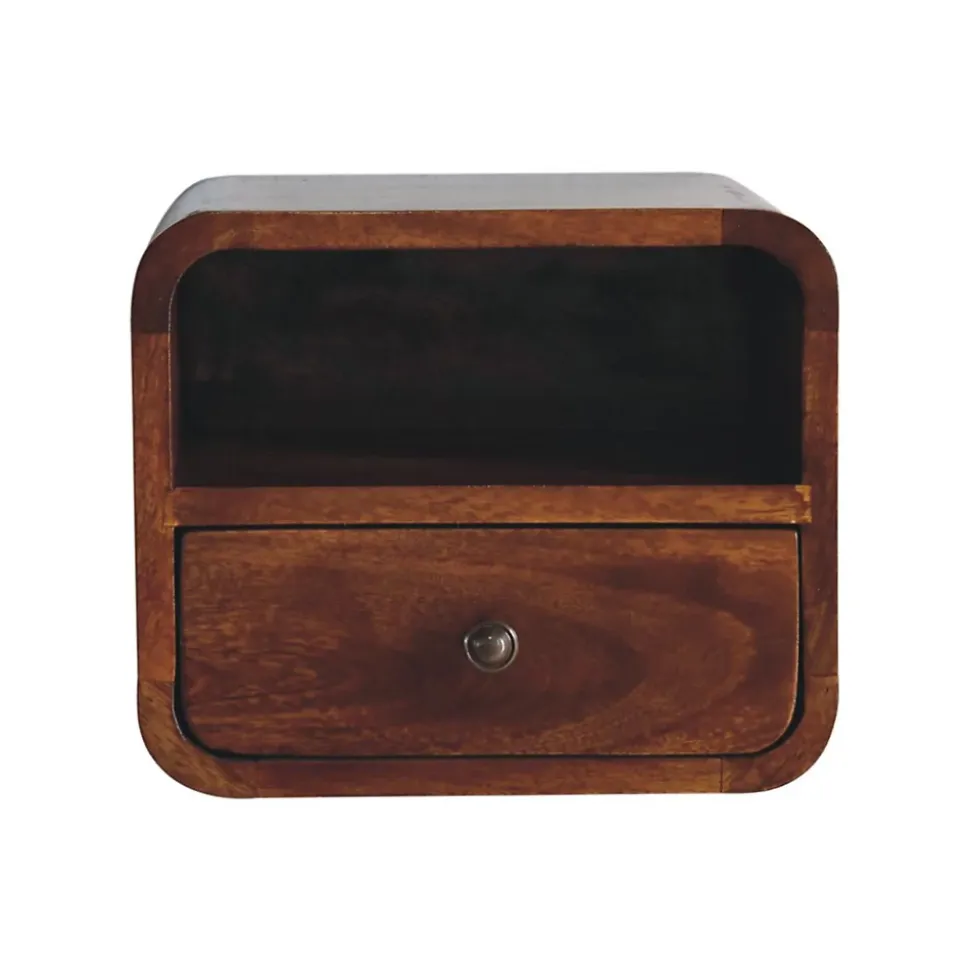 Artisan Furniture Bois massif Extra Mini courbé châtaignier table de chevet à fixation murale, 1 tiroir et niche ouverte