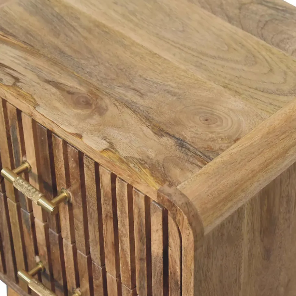 Artisan Furniture Bois massif T-bar Ridged table de chevet, 2 tiroirs, pieds nordiques, effet chêne, marron