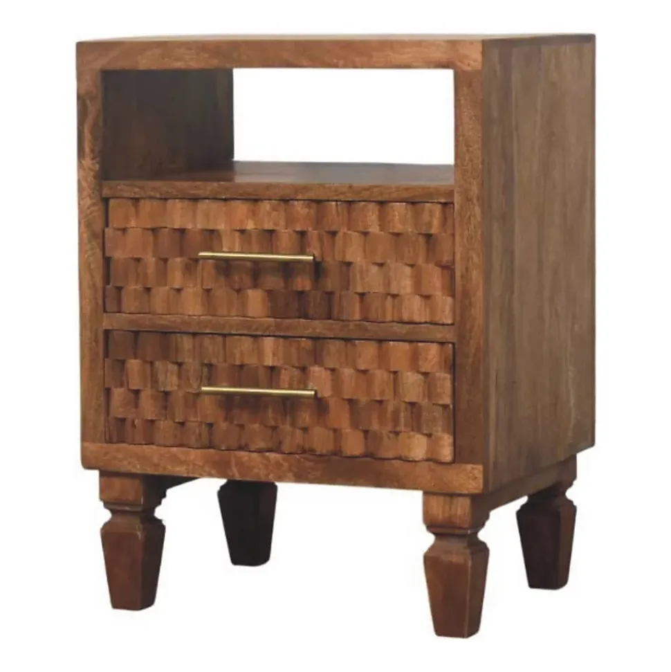 Artisan Furniture Bois massif Arno table de chevet in teck doré, 2 tiroirs, 1 niche ouverte, beige