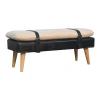 Artisan Furniture Bois massif bouclé peau de buffle noir cuir banc, rembourré, noir & crème