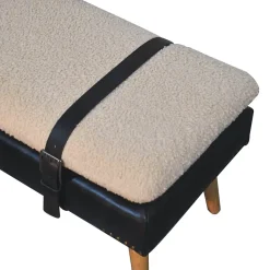 Artisan Furniture Bois massif bouclé peau de buffle noir cuir banc, rembourré, noir & crème