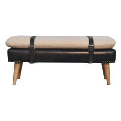 Artisan Furniture Bois massif bouclé peau de buffle noir cuir banc, rembourré, noir & crème