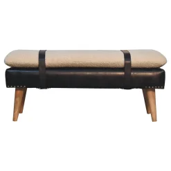 Artisan Furniture Bois massif bouclé peau de buffle noir cuir banc, rembourré, noir & crème
