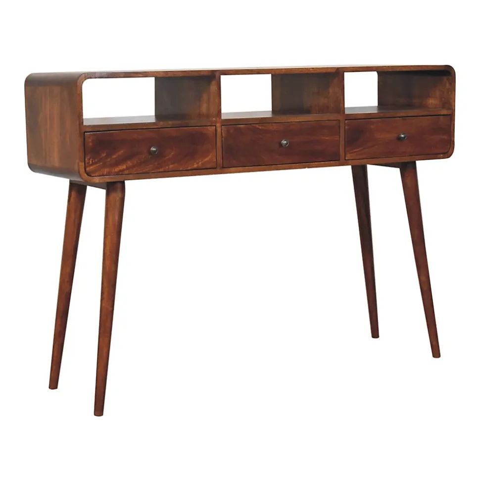 Artisan Furniture Bois massif Triple courbé châtaignier console, 3 tiroirs, 3 étagères, marron