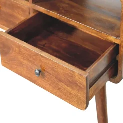 Artisan Furniture Bois massif Triple courbé châtaignier console, 3 tiroirs, 3 étagères, marron